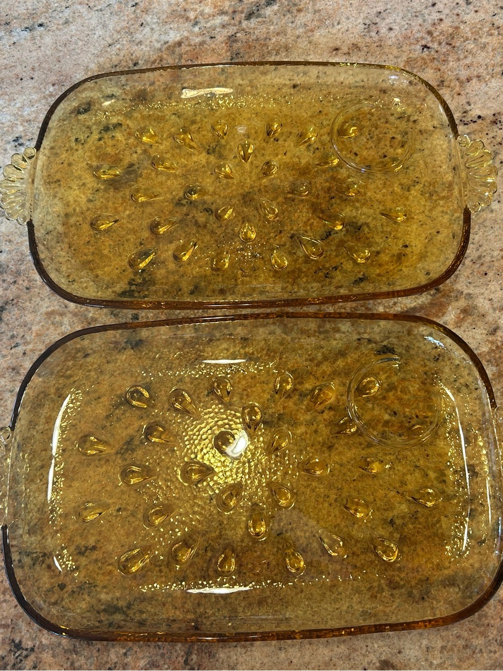 Hazel Atlas "Teardrop" (Raindrop)Amber Glass Sip n Snack Trays 11.25”x6.25” (2)